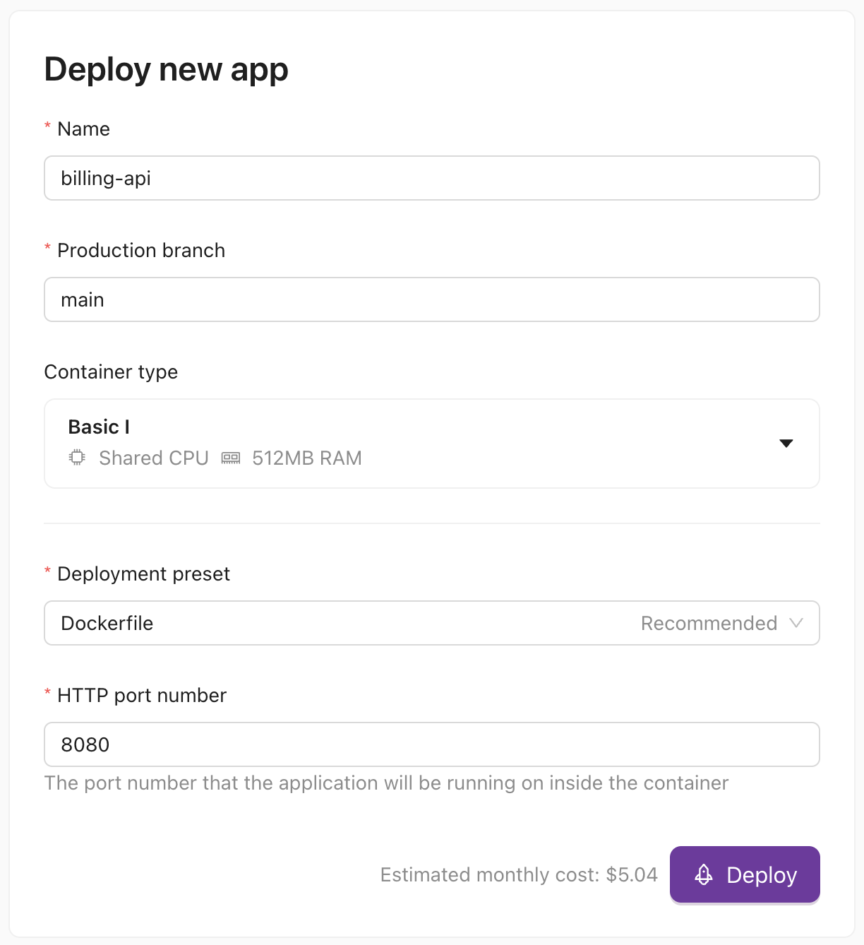 Deploy new app application screenshot